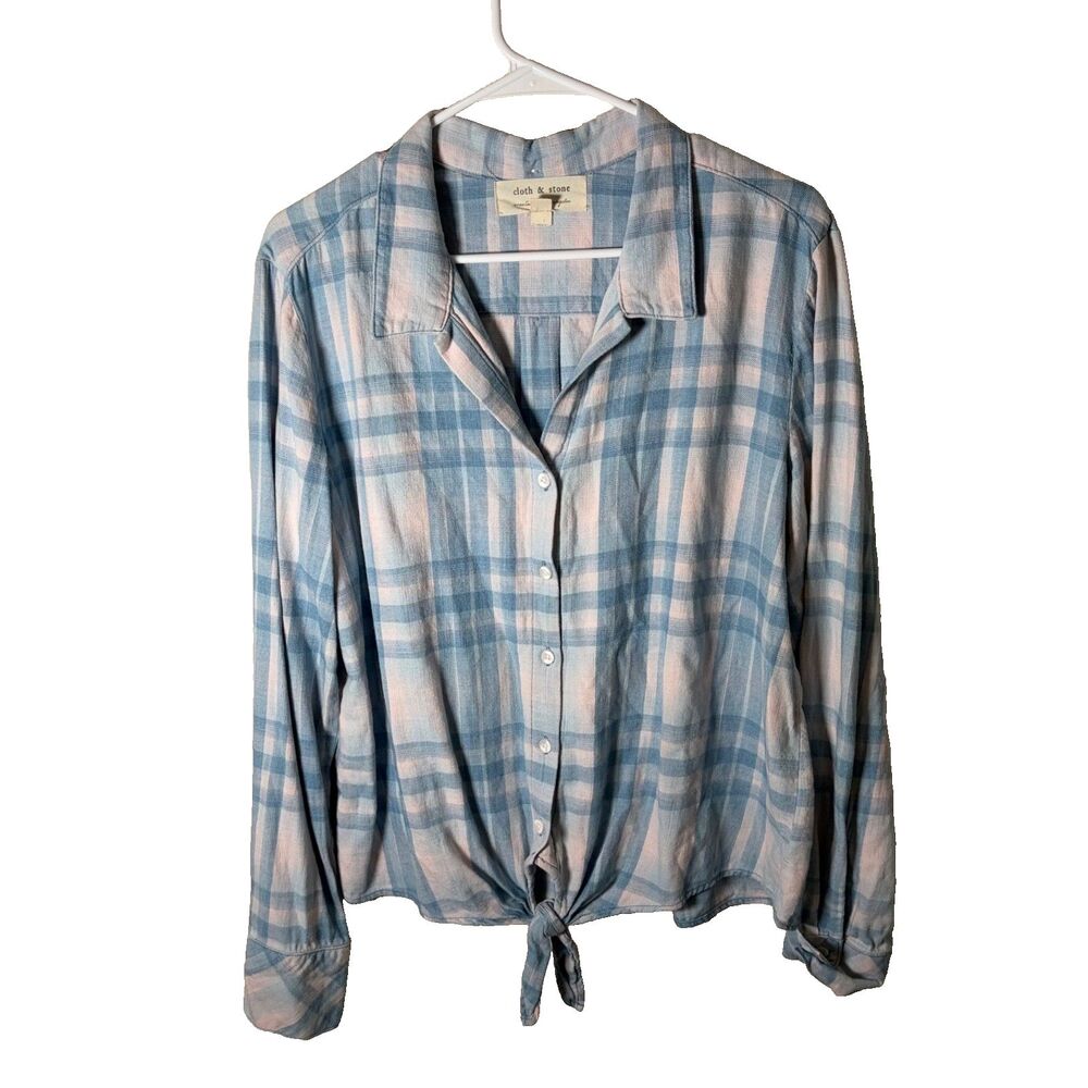 Cloth & Stone Shirt Women's Large Blue Plaid Button Up Tie Collared Casual Top